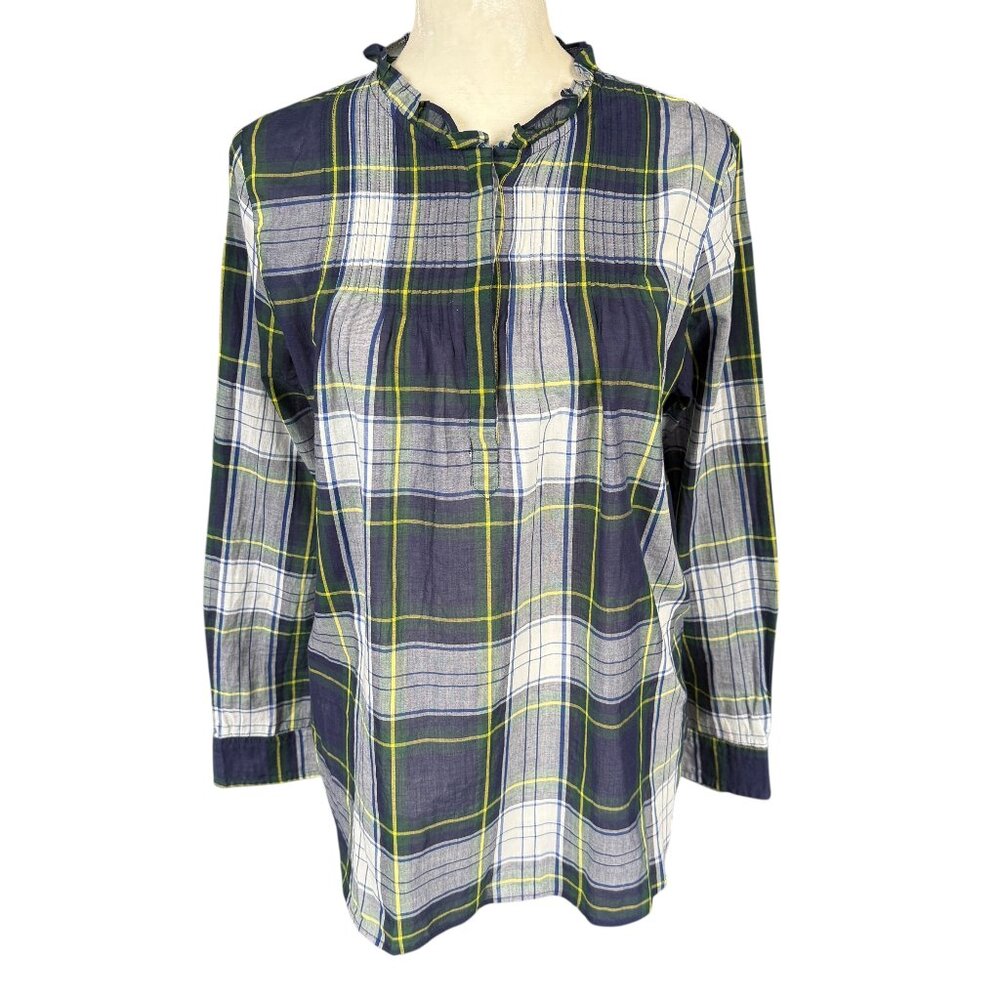 J. Crew multicolor plaid pintuck ruffle popover top women's size 2
